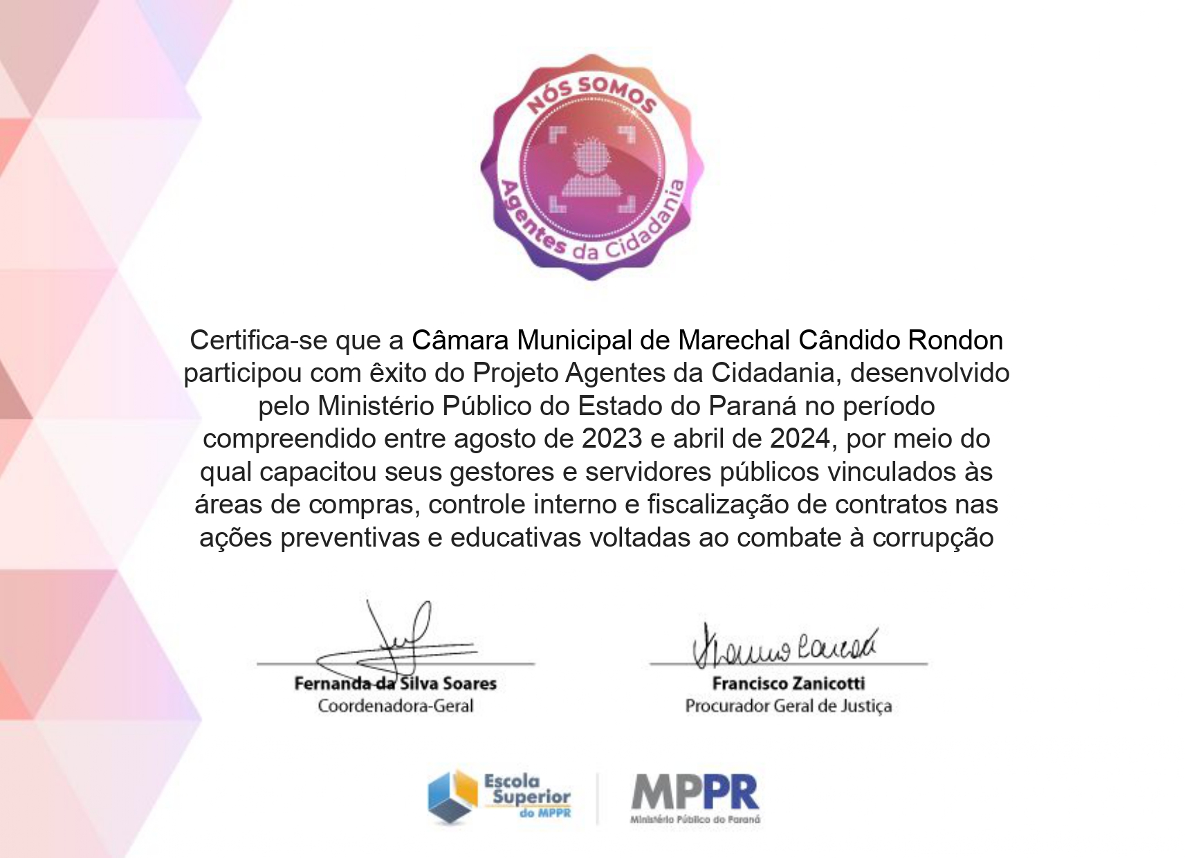 Câmara de Vereadores recebe do Ministério Público selo de “Agentes da Cidadania” 