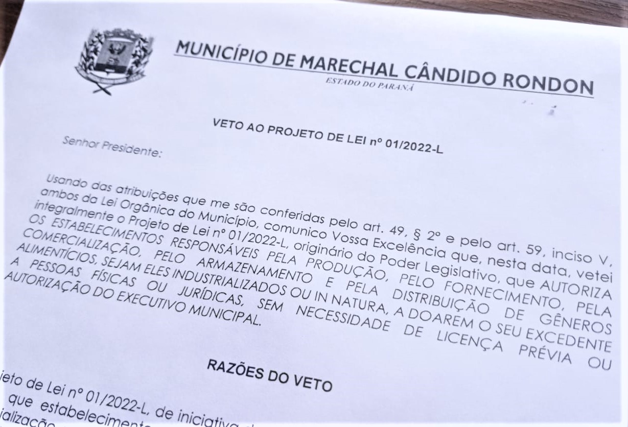 Prefeito veta projeto de lei aprovado que estimula doação de alimentos no município   